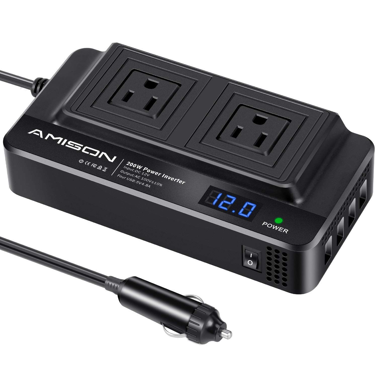 【フォロー割】/AC DC12V 100Vに変換 カーコンバーター 車載充電器 シガーソケットコンセント ACコンセント2口 200w USB インバーター 4ポート Amison