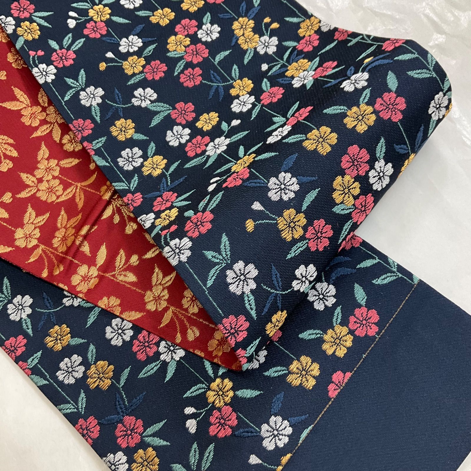 kimono+one●未使用同然●本場筑前博多織●証紙付●博多献上●金糸●極上手織●紺色●正絹●リバーシブル●長尺●半幅帯半巾帯小袋帯●435.5㎝●着物帯小紋普段着半幅帯単衣浴衣