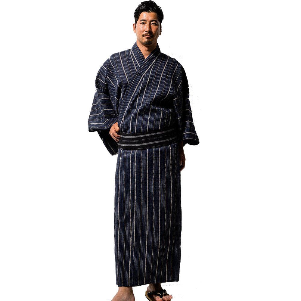 【在庫セール】[株式会社三橋商事] メンズ 浴衣 紳士 しじら 浴衣 帯付 ワンタッチ帯 2点セット ３点（雪駄付き）セット