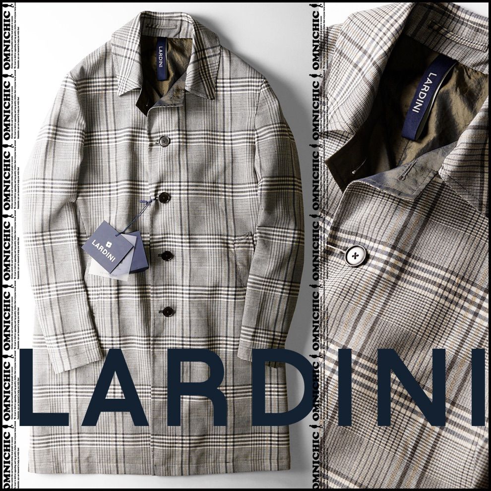 MENS-EX記載 LARDINI ラルディーニ1枚で2役 軽く羽織れるリバーシブルウールリネンチェックステンカラーコート50REG