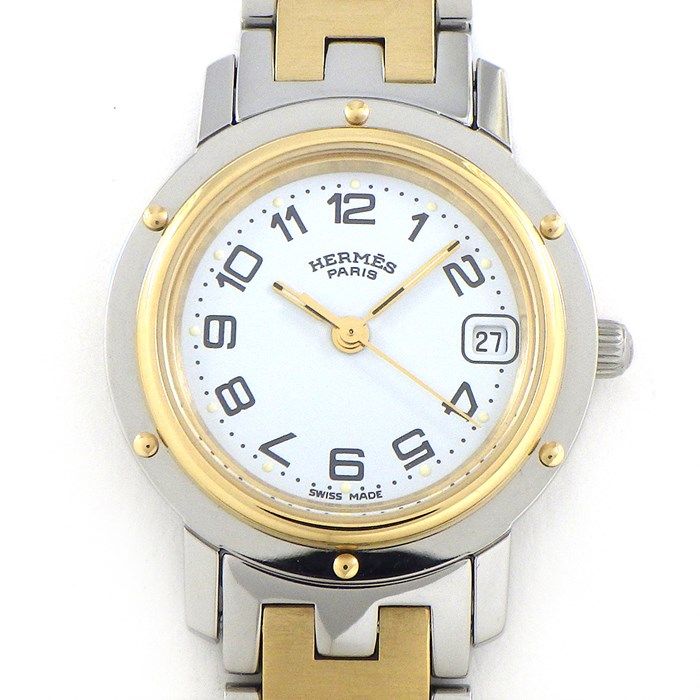 エルメス HERMES 腕時計 クリッパー CL4.220 デイト ホワイト文字盤 Hリンクブレス GP SS クオーツアナログ