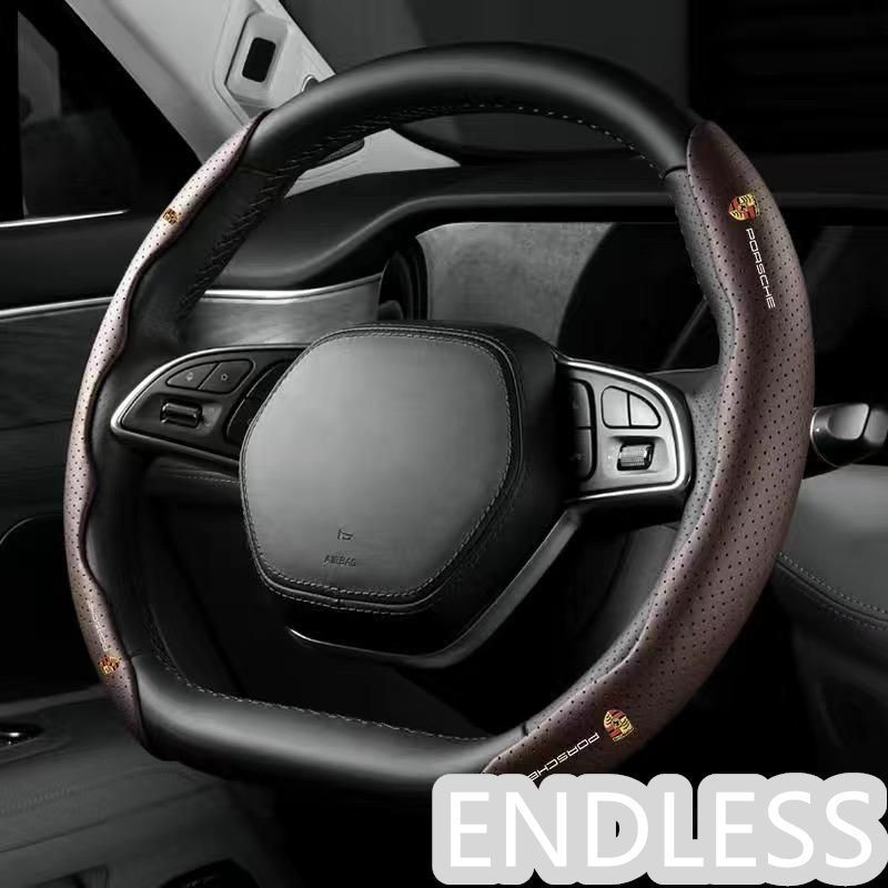 【新作 未使用】 ポルシェ PORSCHE モカブラウン ハンドルカバー ハンドル保護 専車ロゴ ステアリングカバー レザー 滑り止め D型 O型 分割 タイプ 2本セット 