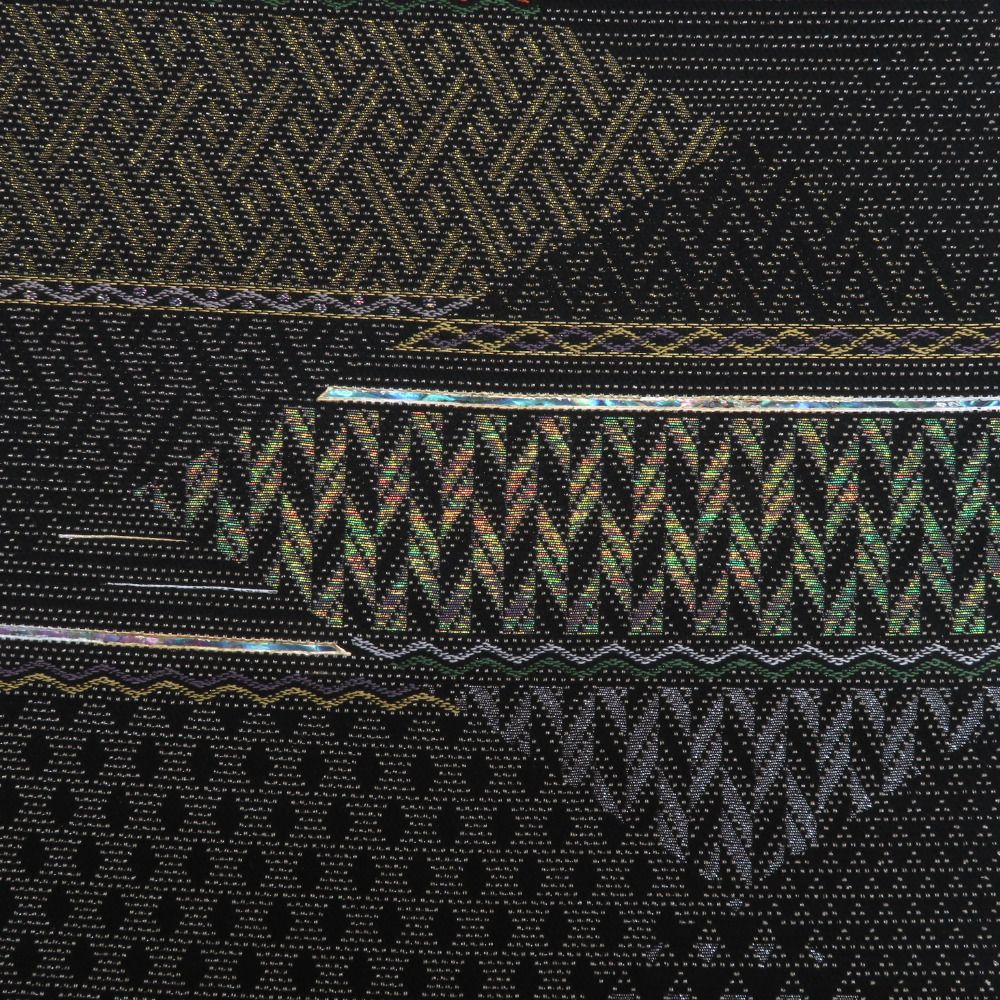 袋帯 正絹 吉祥大菱文 黒色xゴールドx多色 金糸 螺鈿輪奈織 六通柄