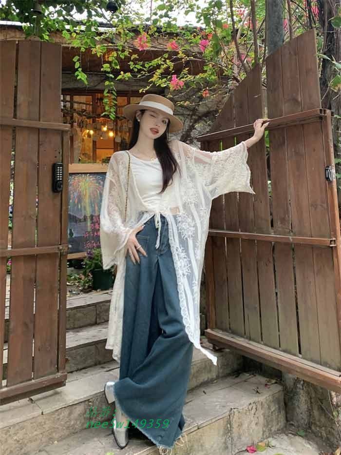 美品　Rene レース付きベージュロングカーディガン　34 ロングカーディガン 白 レディース[品番：AGCW0002109