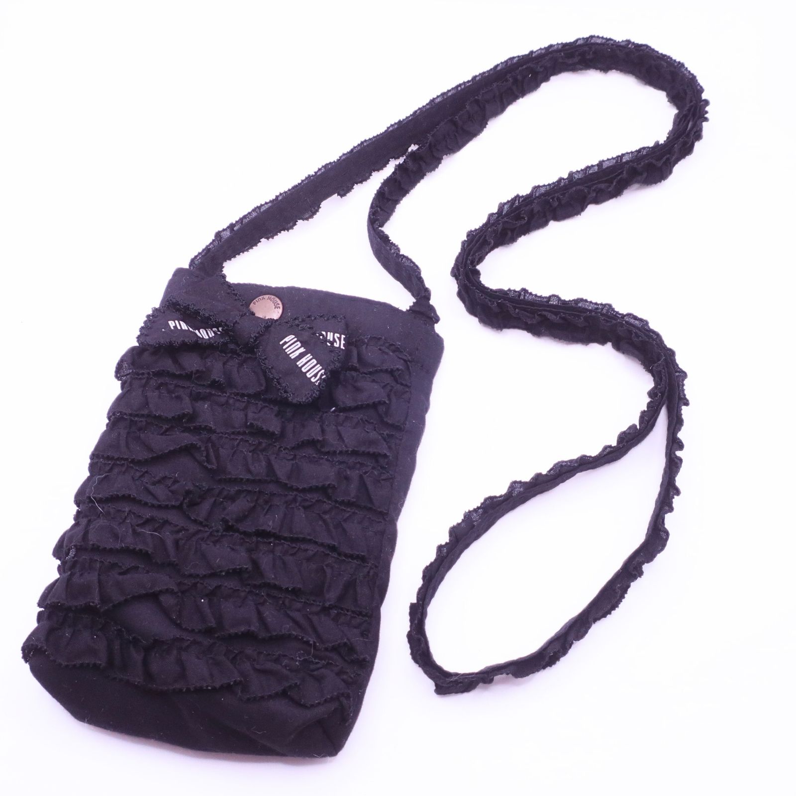 【新品未使用】ピンクハウス フリル リボン ポシェット バッグ 黒 ピンクハウス ☆大人可愛いたっぷりフリルとリボン スマホ