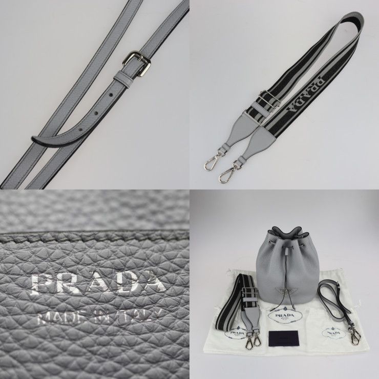 PRADA プラダ バケットバッグ ショルダーバッグ 1BE060 レザー グレー シルバー金具 巾着バッグ 三角ロゴプレート 【本物保証】 -  メルカリ