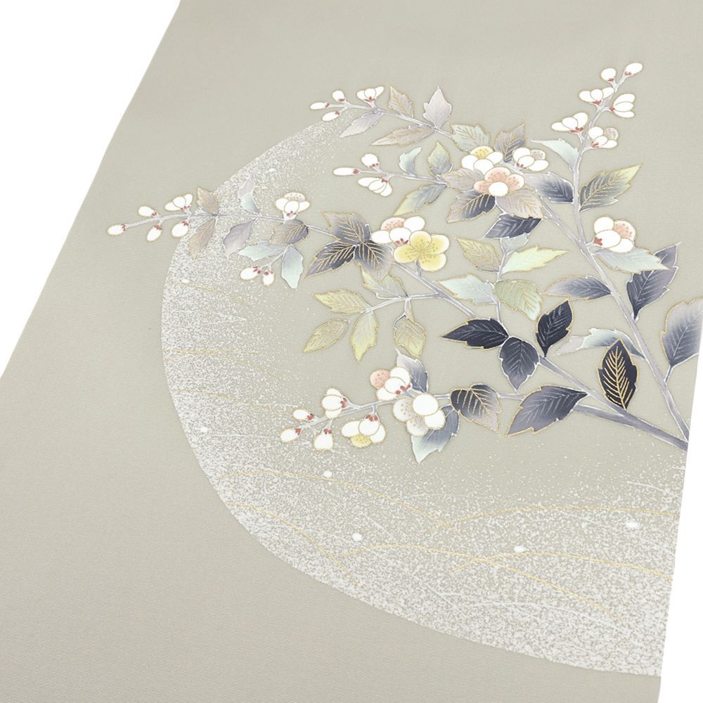 名古屋帯 長尺 正絹 グレージュ 中古 未使用 花 梅の木 塩瀬 友禅染