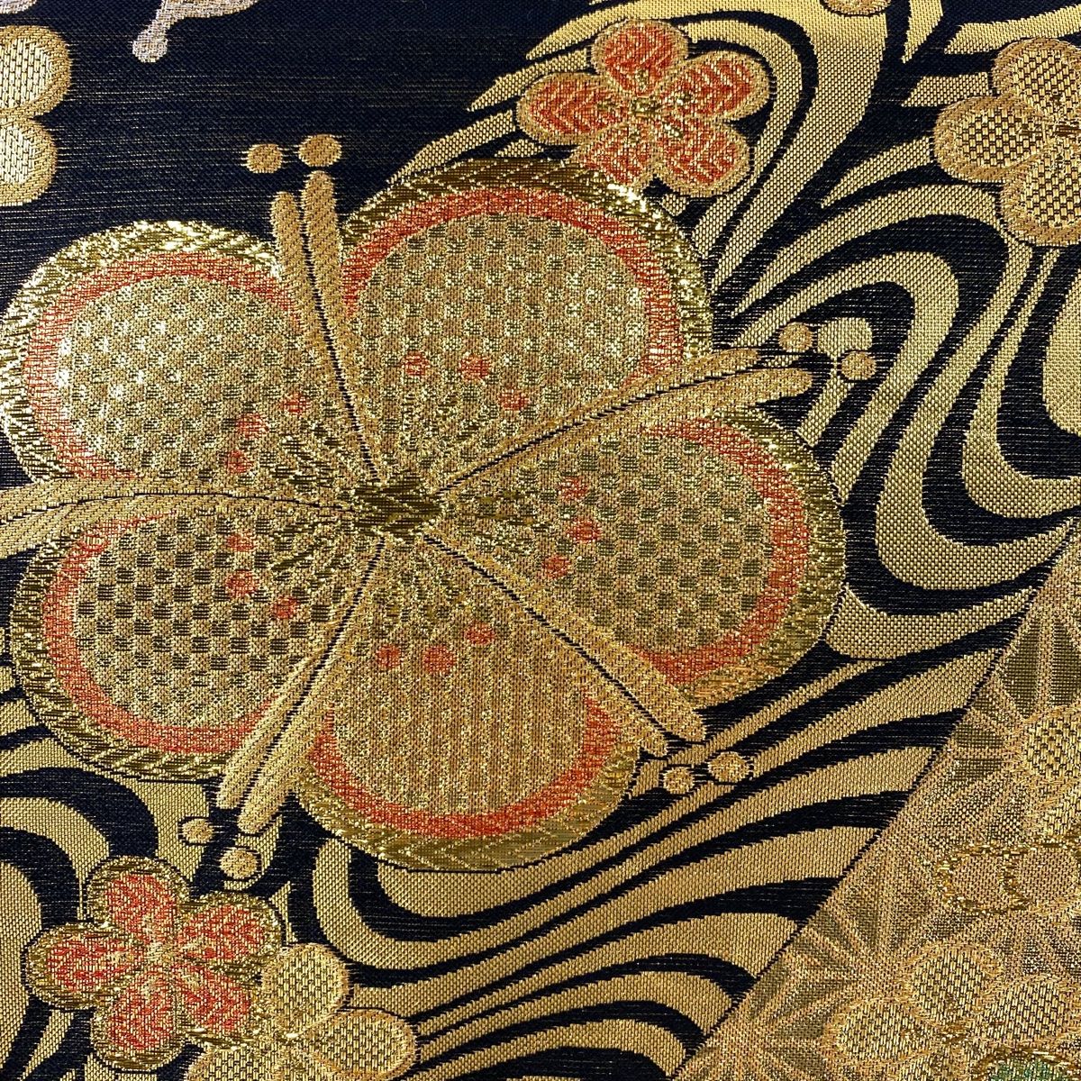 袋帯 秀品 振袖向き 梅 蝶 金糸 箔 金色 六通 正絹