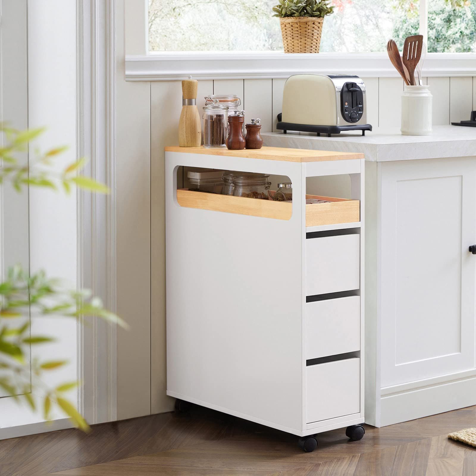 幅23×奥行き65×高さ82cm スリム キャスター付き 薄型 隙間収納 キッチン収納 トイレ収納 トイレットペーパーストッカー トイレ収納棚 トイレ収納ラック キッチンワゴン トイレラック キッチンラック 浴室ラック SoBuy BZR54-W NEXPOTALLINN_EU