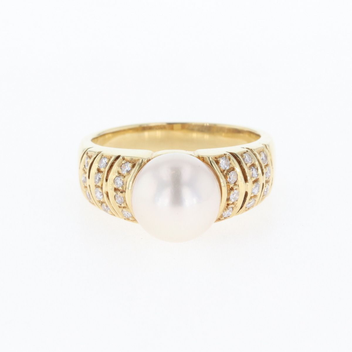パール デザインリング K18 イエローゴールド メレダイヤ 指輪 真珠 