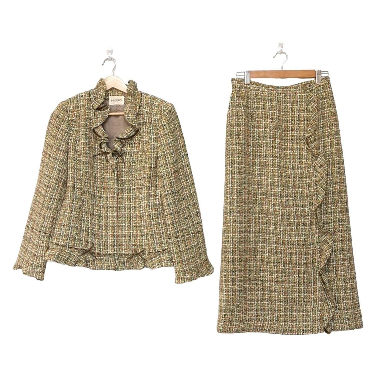 INGEBORG インゲボルグ スカートスーツ レディース - グリーン×ダークグリーン×マルチ ツイード 肩パッド
