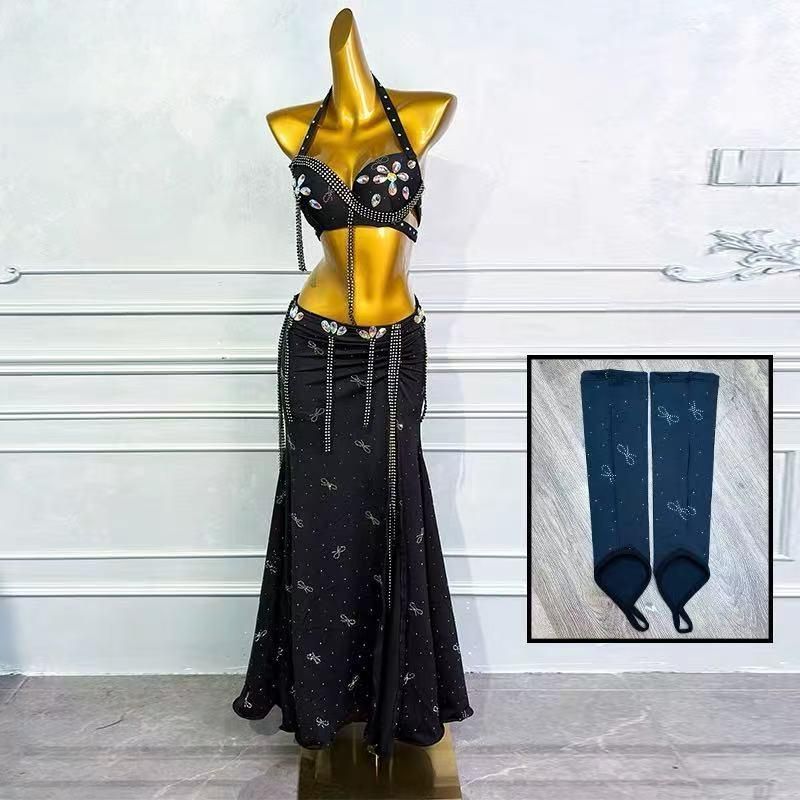 ♥ ベリーダンス オリエンタル衣装 トップス スカート オーダーメイド ステージ衣装 上下セット オリエンタルベリーダンス服 ビーズスパンコール ブラック