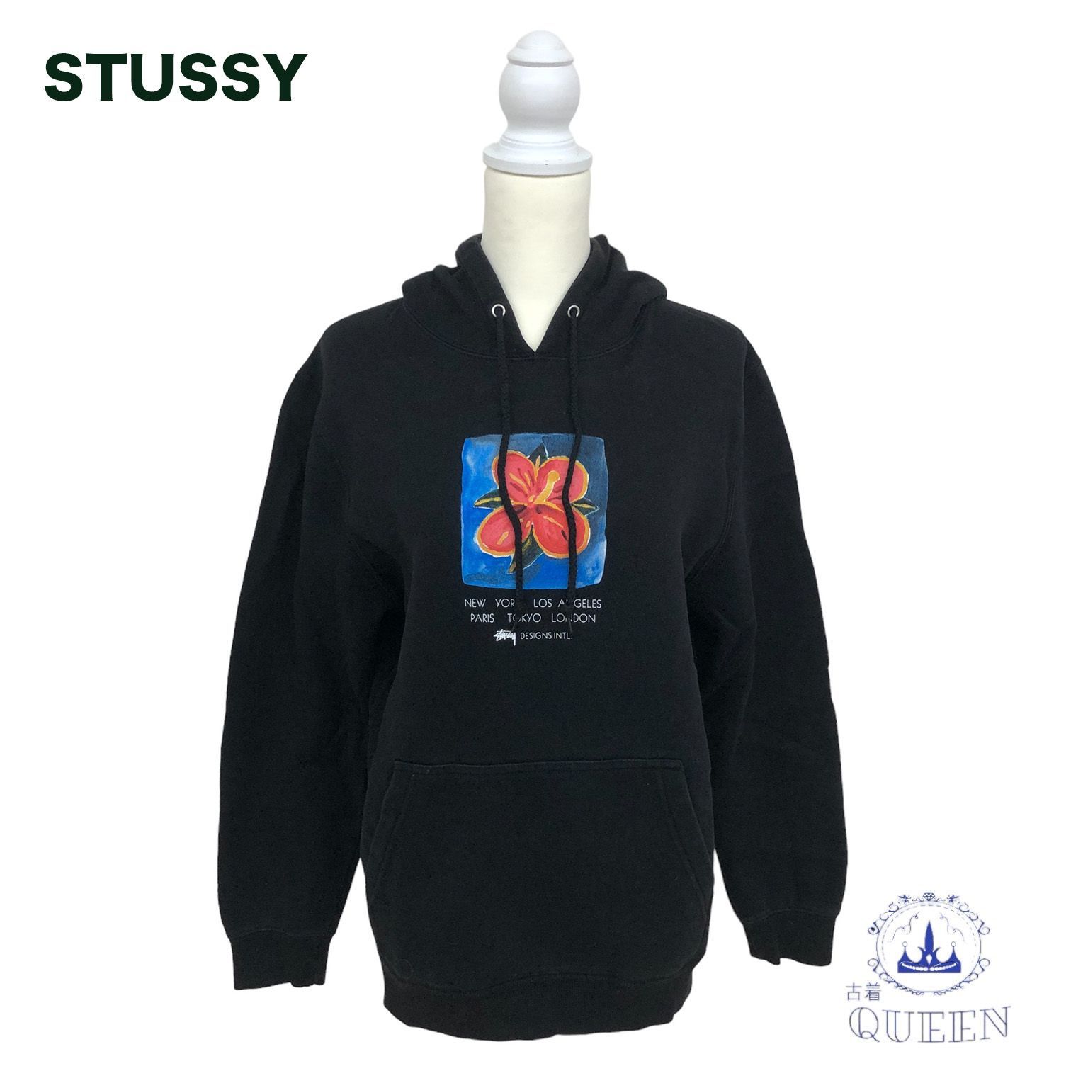 【訳アリ】 STUSSY ステューシー パーカー 長袖 フロントプリント マフポケット メンズ レディース ユニセックス ブラック S v-103 送料無料