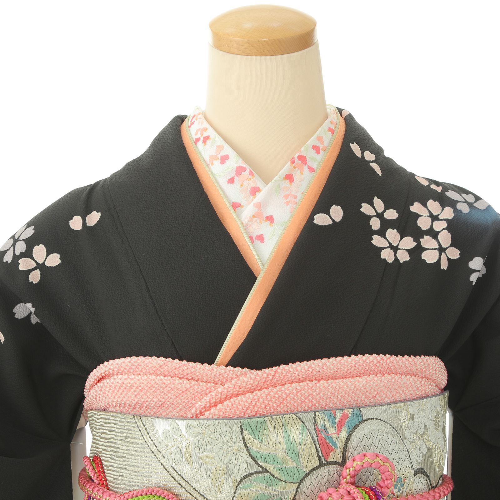 振袖と帯セット 黒グレー 振袖セット7点 正絹 成人式Lサイズ 帯 帯あげ 帯締め