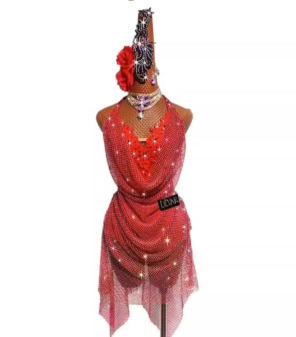 新品未使用ラテンドレス ラテンワンピース ダンス衣装 レッド 網 新品未使用ラテンドレス ラテンワンピース ダンス衣装 レッド 網