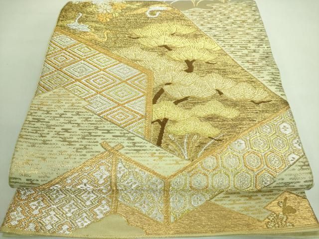 平和屋着物□極上 西陣 川島織物 六通柄 本袋帯 風景飛鶴松文 金銀糸  