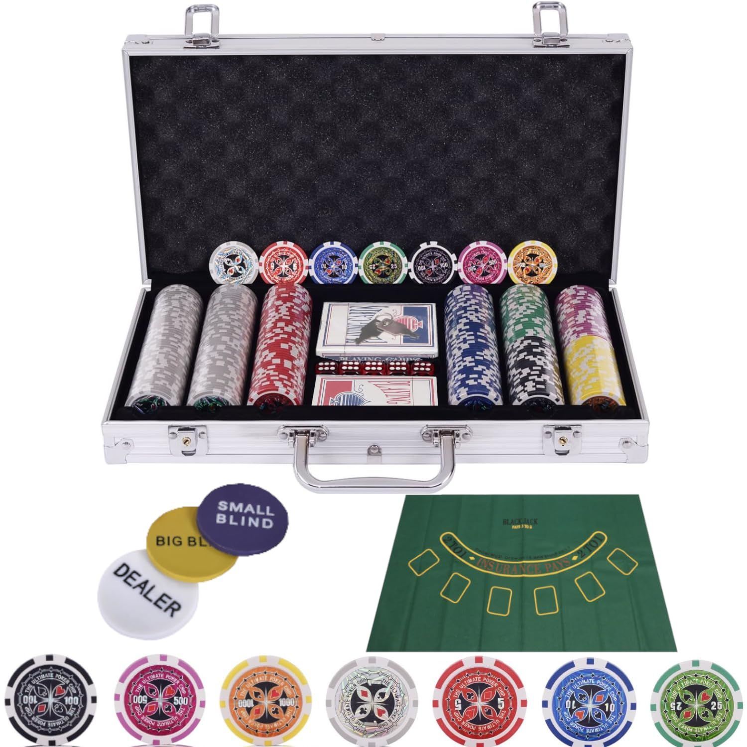 Color:シルバー BJマット付きカジノセット カジノチップ300枚 数字入り