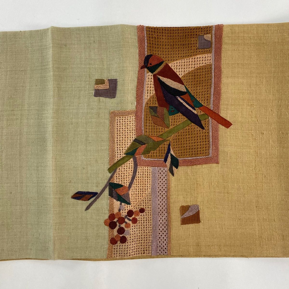 袋帯 秀品 紬地 花唐草 鳥 箔 青灰色 お太鼓柄 正絹 【中古】 袋帯