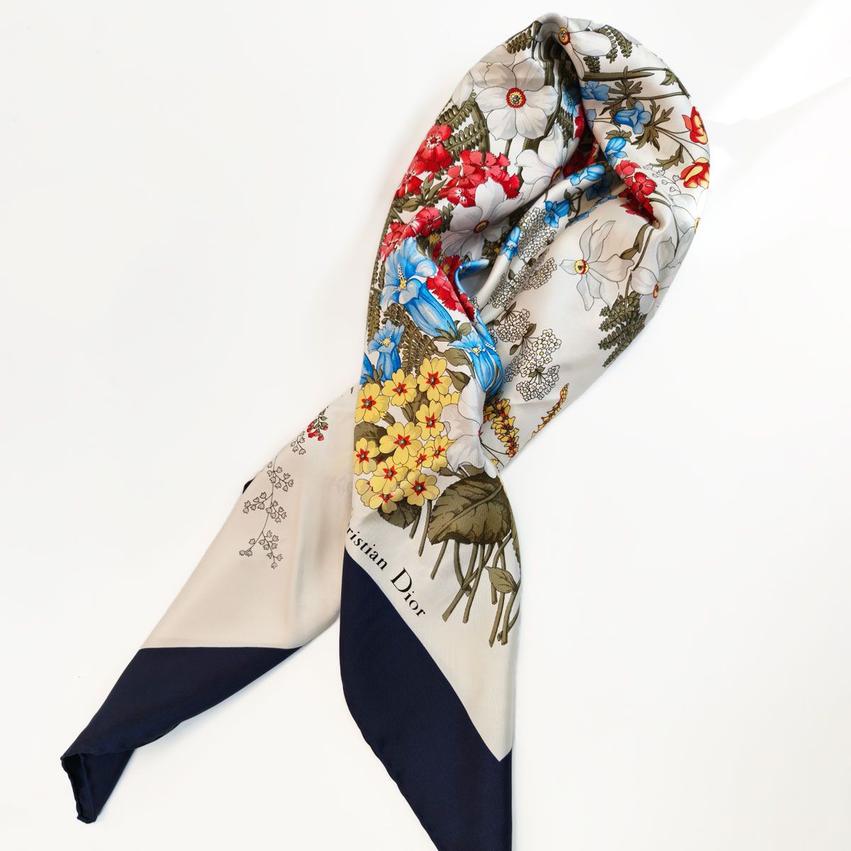 Christian Dior ディオール 花柄 シルク スカーフ 大判 ネイビー