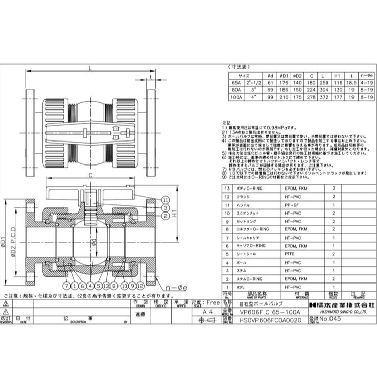 HSバルブ HT-PVC HSボールバルブ VP606C フランジ式T0315M - メルカリ