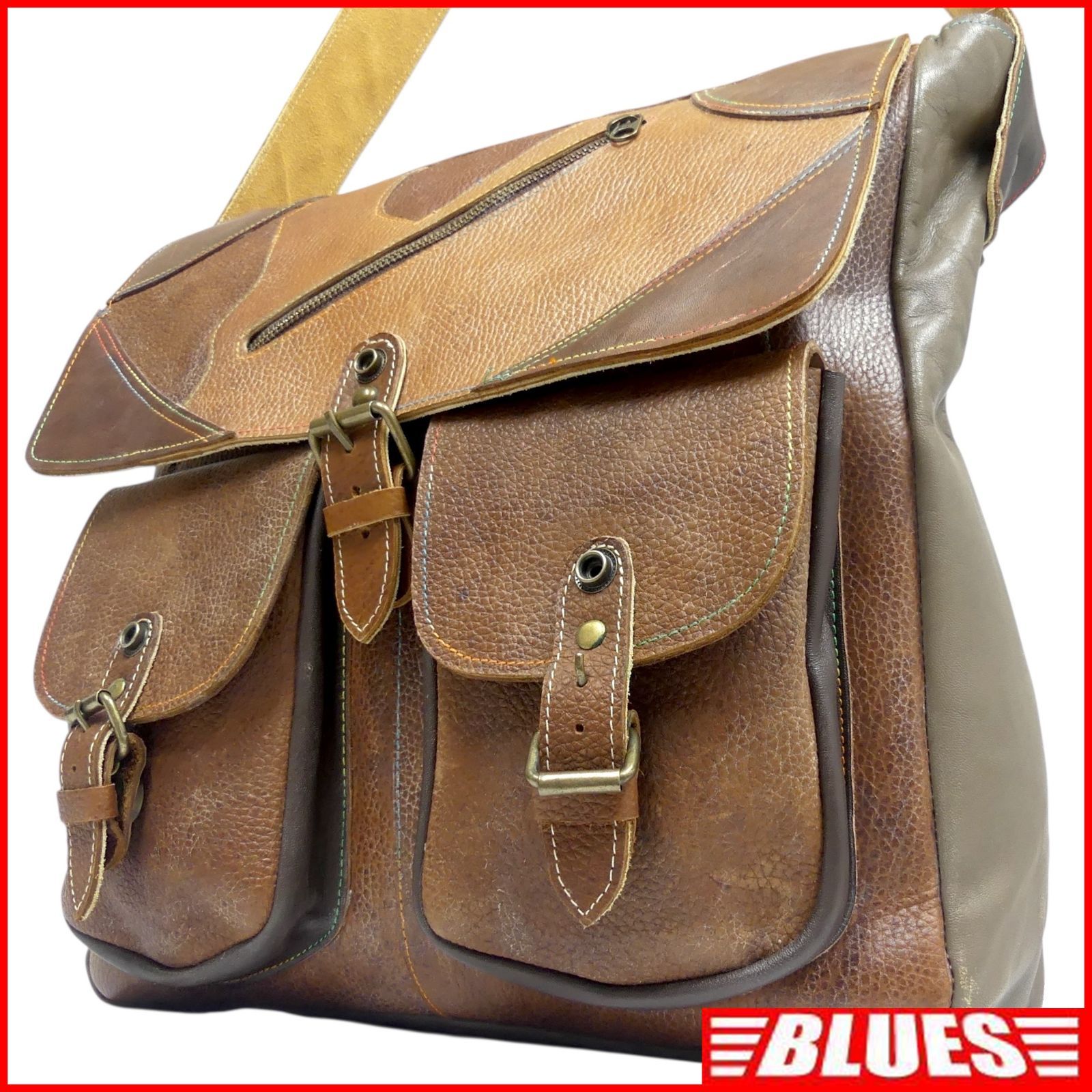 ショルダーバッグ 斜め掛け メンズ レディース 革 パッチワーク 茶 ブラウン キャメル ショルダーバッグ一覧←SEULB屋着古← NR4654