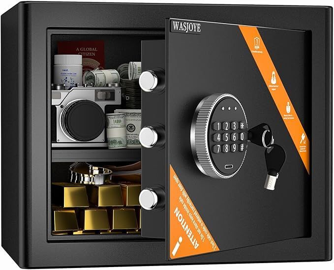 WASJOYE 金庫 家庭用金庫 テンキー式 電子セキュリティーボックス 防犯箱 家庭用 店舗用 業務用 会社用 保管庫 警報アラーム＆鍵付き 仕切り板付き A4ファイル A4封筒対応 床 壁に固定 日本語取扱説明書 32.0L