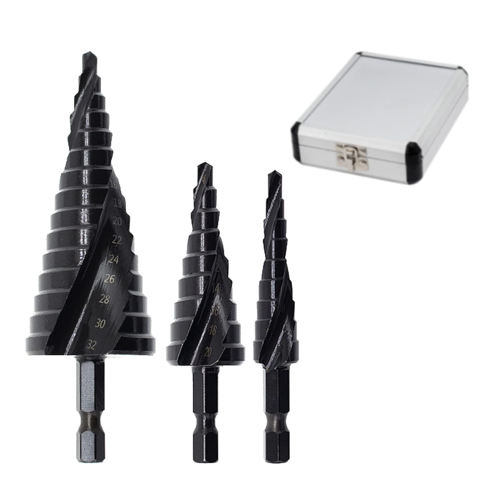 ROOOCYY ステップドリル タケノコドリル 六角軸 スパイラル ドリル 穴あけ チタンコーティング (4-32mm/4-20mm/4/12mm) 3本セット (アルミ箱付き) [3本/アルミ箱]