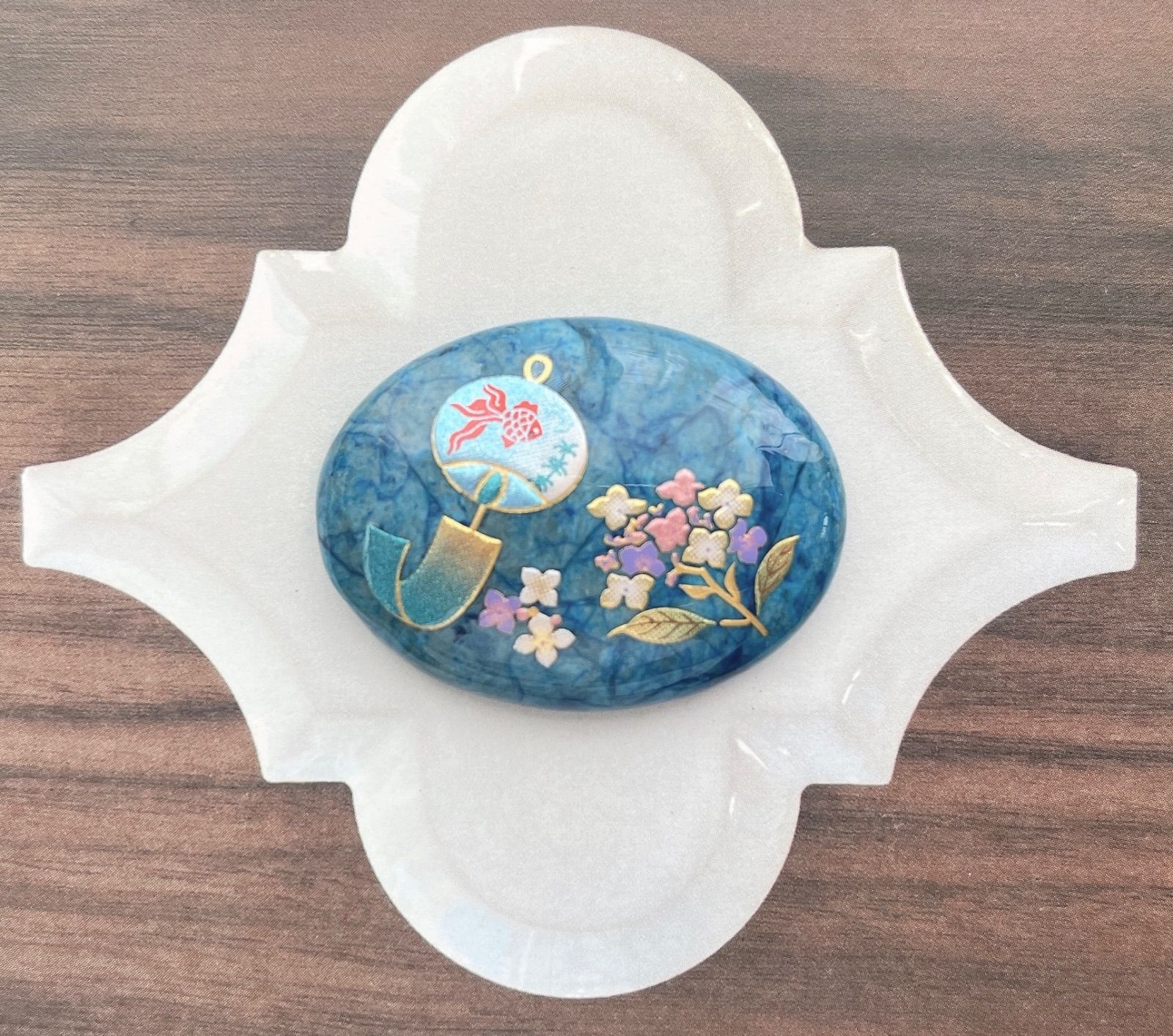 ☆〜天然石 ブルーリップルジャスパー 風鈴に紫陽花 浴衣 帯留め40×30 
