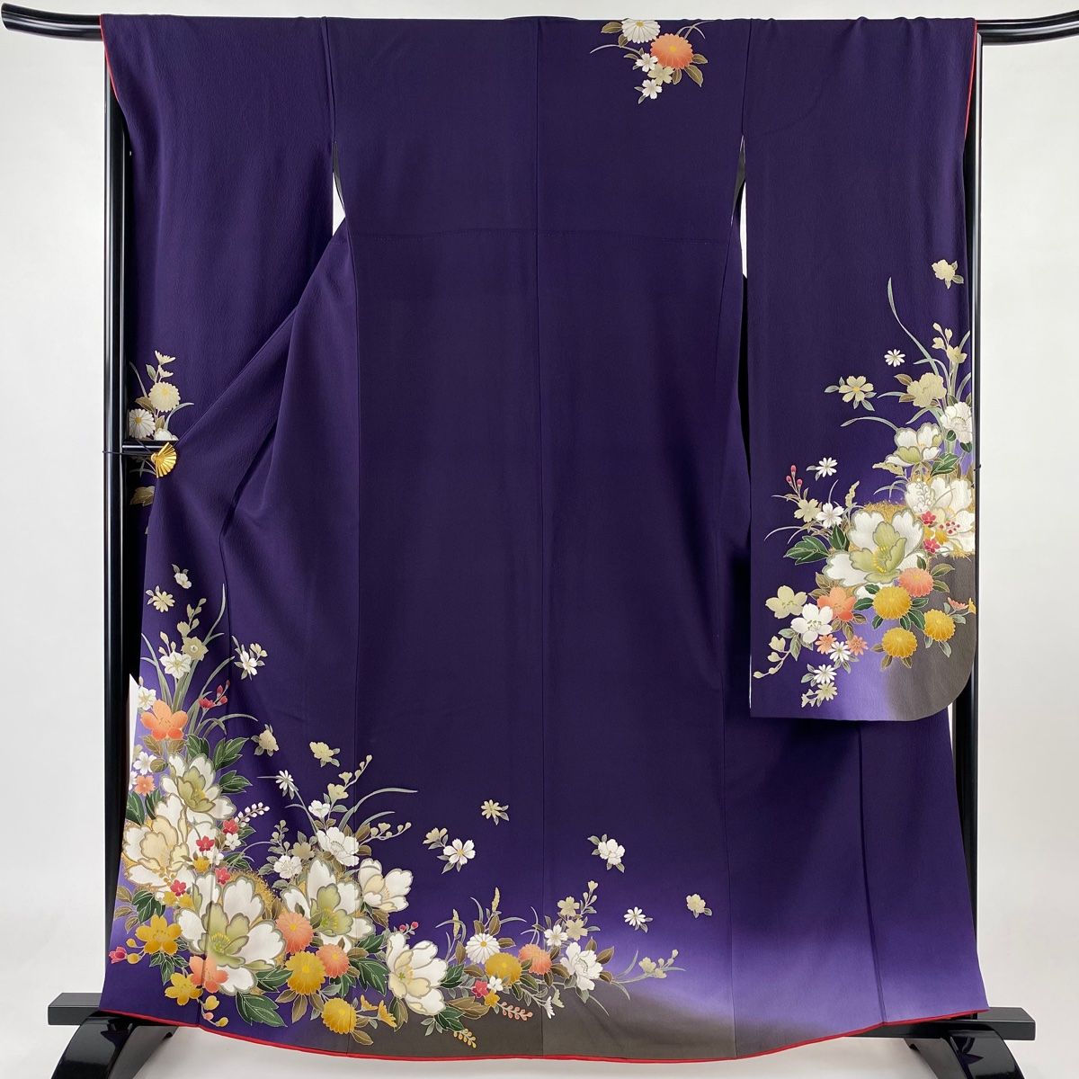 振袖　広衿　袷　金彩　裄長　ロング丈　裄67.5cm　丈162.5cm 振袖 身丈162.5cm 裄丈68cm L 袷 牡丹 草花 金糸 金彩 濃紫 正絹