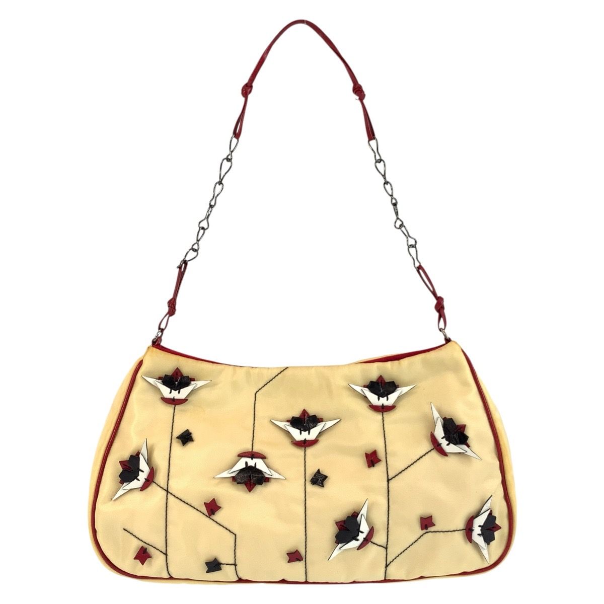PRADA プラダ 三角ロゴプレート ベージュ レッド シルバー金具