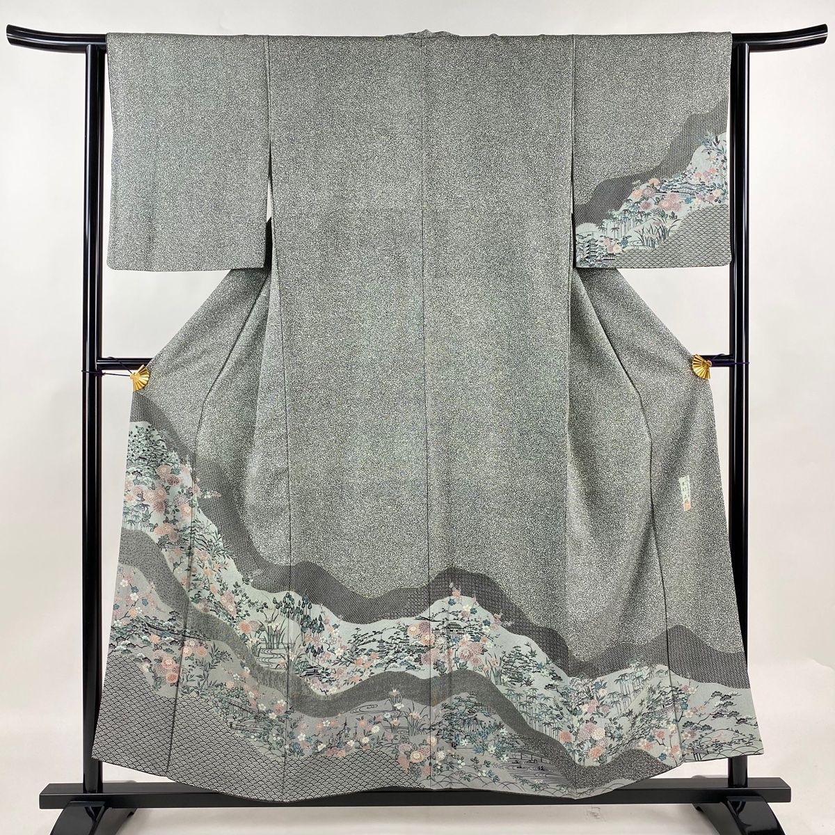 訪問着 身丈154.5cm 裄丈63.5cm S 袷 木村正明 落款 菊 建物 金彩 灰緑 正絹 秀品
