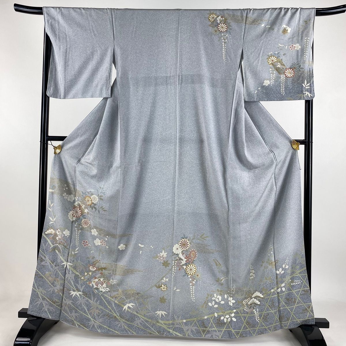 訪問着 身丈165cm 裄丈67.5cm L 袷 冊子 松竹梅 金彩 ぼかし 青灰色 正絹 秀品