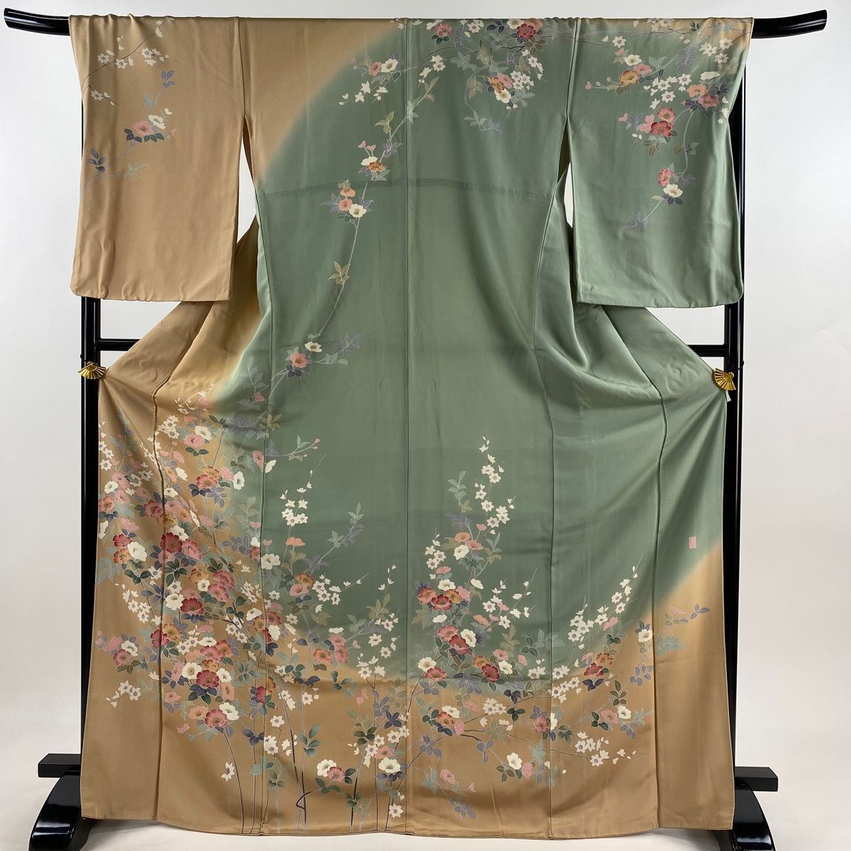 訪問着 身丈171cm 裄丈70cm L 袷 落款 枝花 染め分け ベージュ 正絹 名品