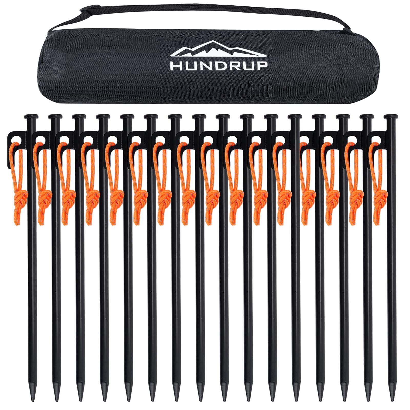 反射材入りロープ レーザー溶接 スチール ソリッド 鍛造ペグ 収納ケース付き ペグセット 設営用具 キャンプ 10本/16本 テントペグ アウトドア 20cm/25cm/30cm/40cm 登山 ペグ 硬い土 砂地 HUNDRUP【強