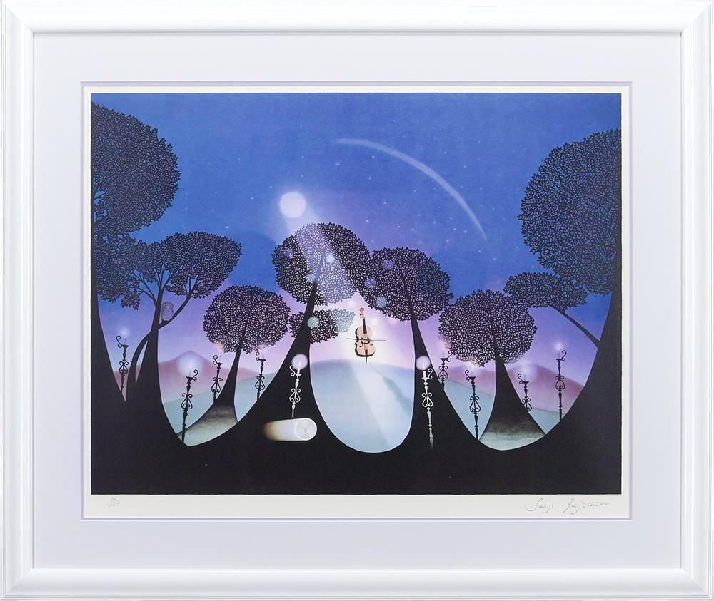 真作 WISH 藤城清治 月光のチェロ リトグラフ 20号大 大作 直筆サイン 証明書付 ◆大判人気作 〇影絵人気作家 25072969