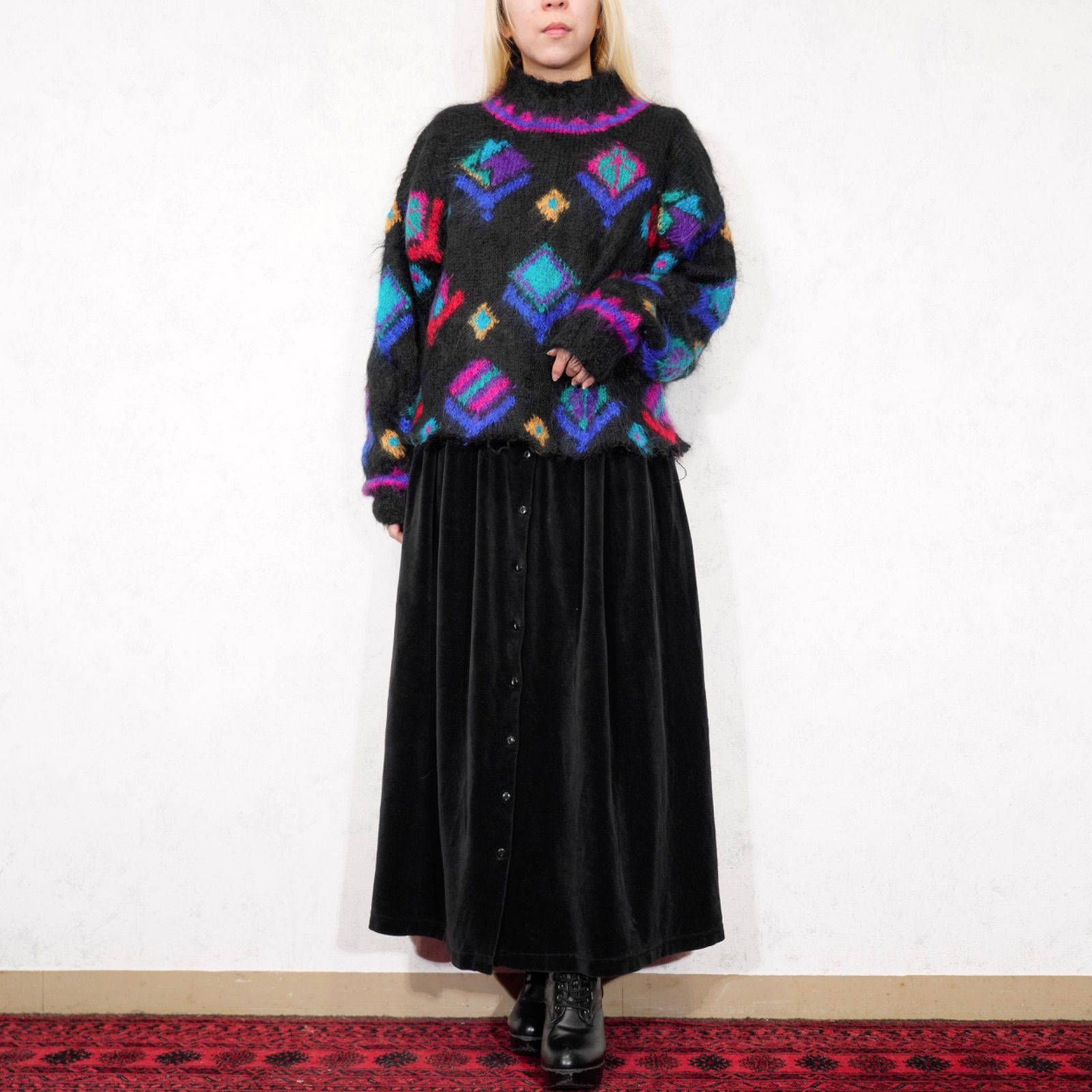 ヨーロッパ古着柄デザインロングモヘアニット