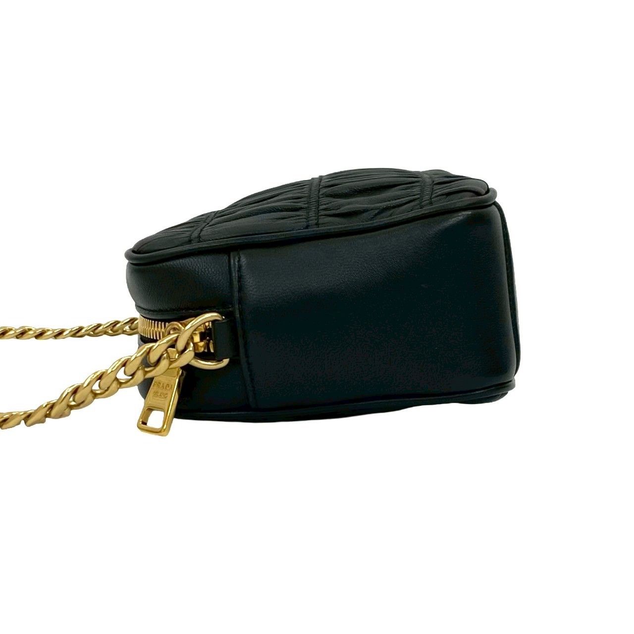 極 美品 PRADA プラダ ゴーフル ロゴ 金具 ギャザー レザー 本革