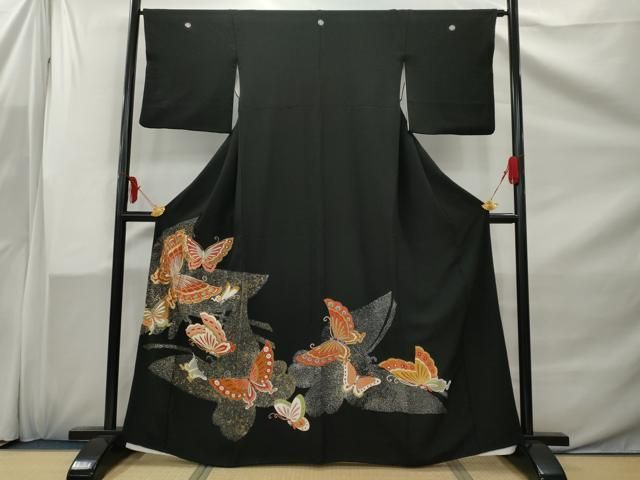 平和屋着物□豪華黒留袖 駒刺繍 舞蝶文 たたき染め 金彩 正絹