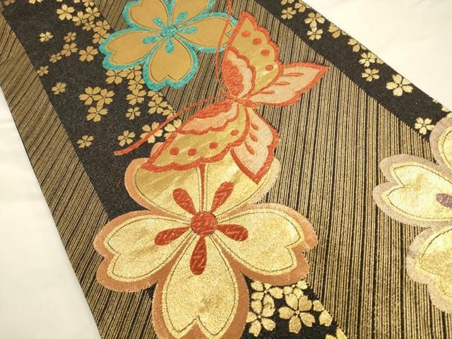 鉄腕アトム様［4887］袋帯 美品 舞蝶花文様 金銀糸 唐織 六通 正絹 着物黒 鉄腕アトム様［4887］袋帯 美品 舞蝶花文様 金銀糸 唐織 六通