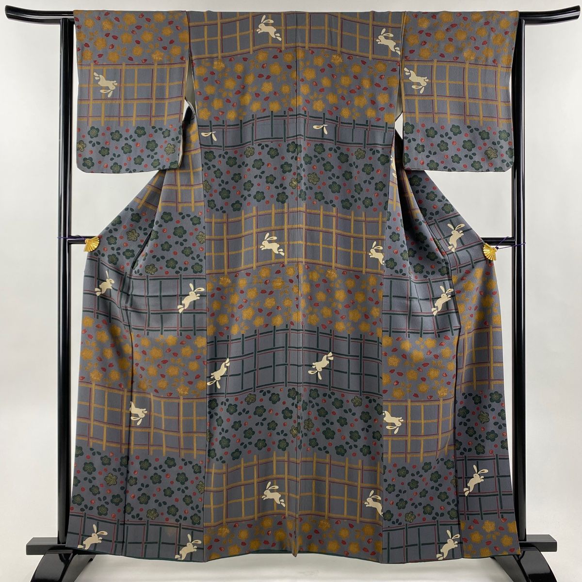 紬 身丈159.5cm 裄丈63cm S 単衣 縞 ベージュ 正絹 美品 名品 