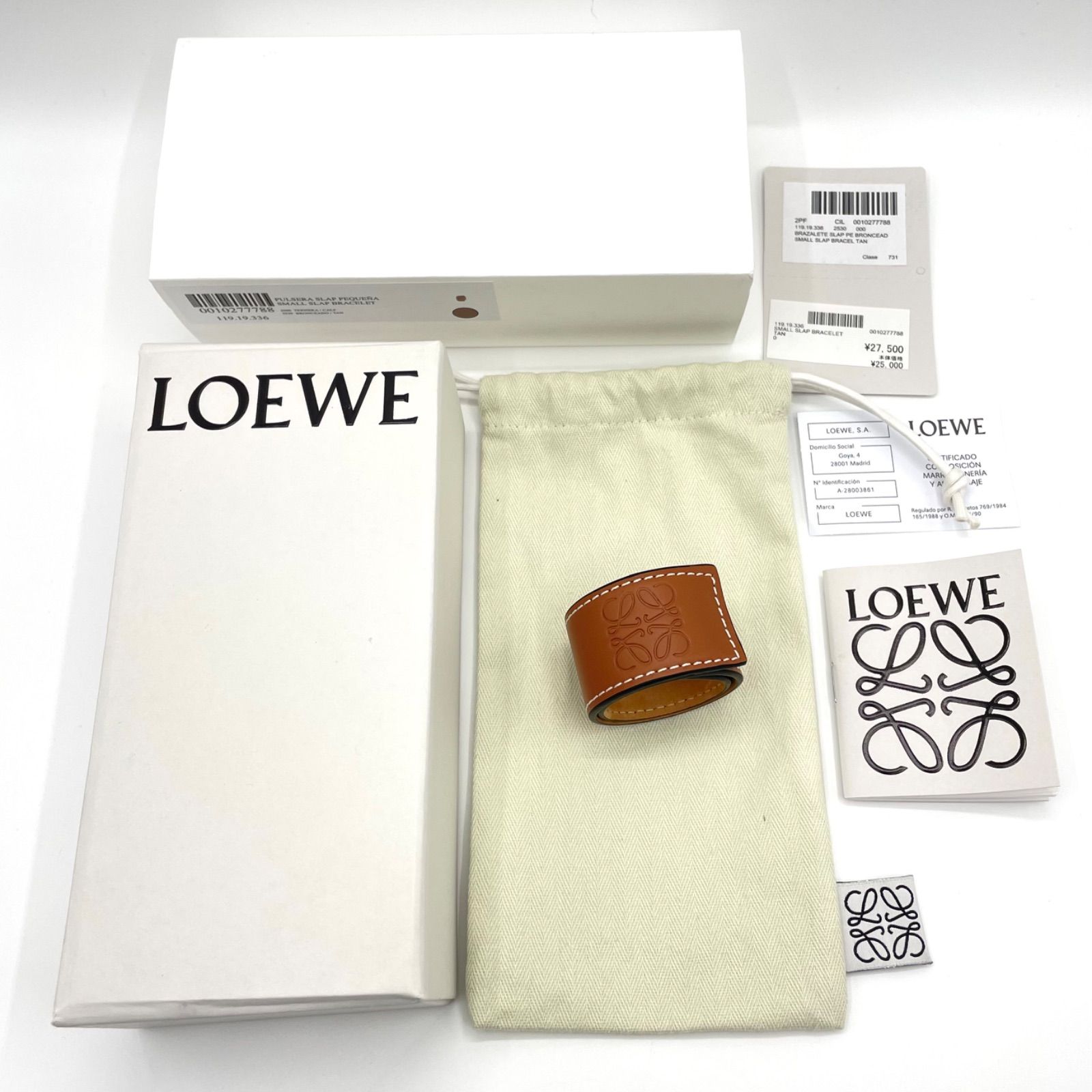 LOEWE ロエベ スラップ ブレスレット スモール カーフ タンレザー 箱 保存袋 冊子 タグ 未使用保管品 牛革 ブラウン系
