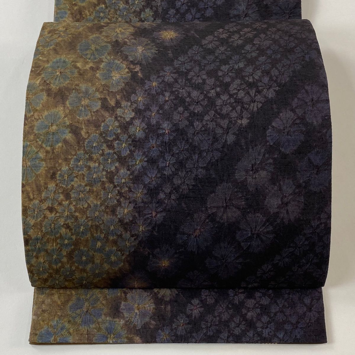 袋帯 秀品 紬地 花 絞り 濃紫 全通 正絹