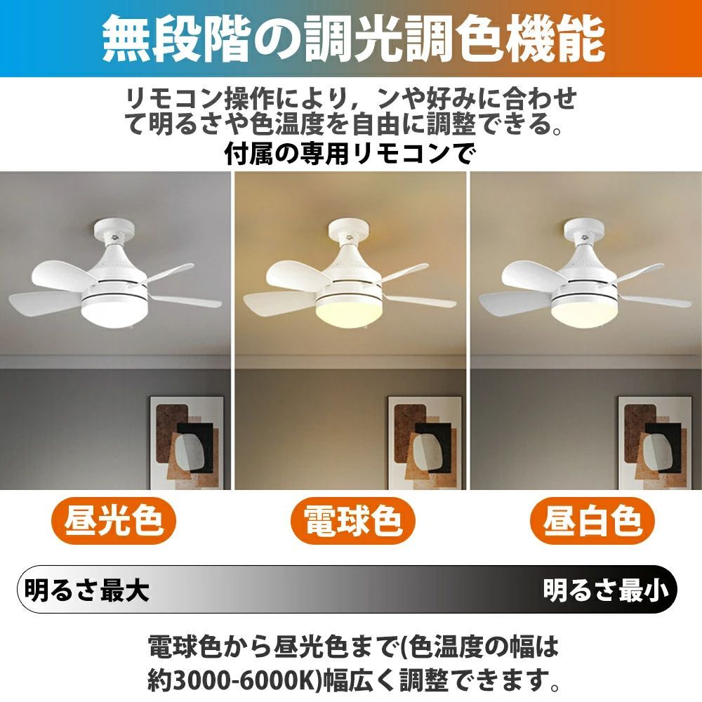 シーリングファン 調光調色 E26口金 3段階風量調節 照明 ファン