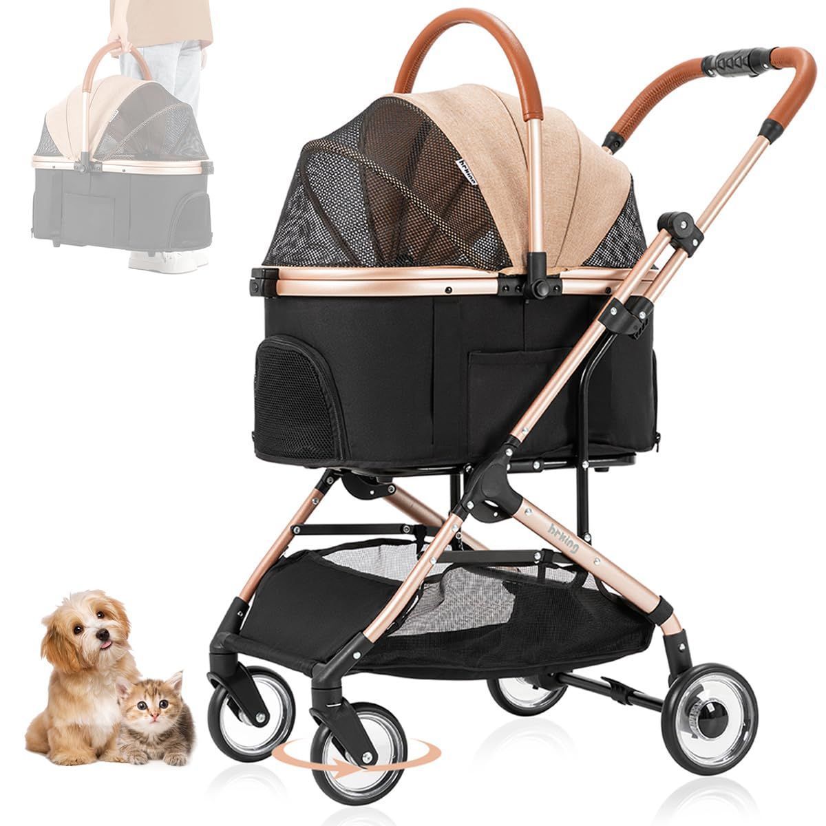 ペットカート アルミ軽量 折りたたみ 犬 分離型 カート 3WAYモデル 多機能 対面式 犬用ベビーカー 4輪 前輪360°回転 後輪ブレーキ付 中型犬 小型犬 猫 HRking 多頭飼い対応 ドッグカート お散歩 介護用 通院 ペットバギー
