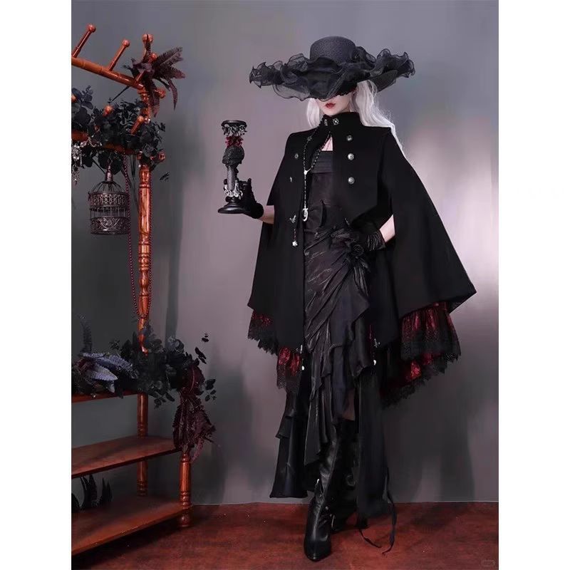 ゴシック 男女兼用 死神風 ブラックケープ 斗篷 コスプレ 日系暗黒復古 短款風衣素材＆姫袖シャツ 多色展開 S～XL