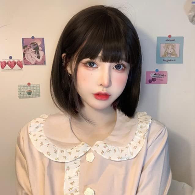 HAIRCUBE ウィッグ フルウィッグ ショート ボブ カール 耐熱 自然 大人ボブ 小顔 原宿系 ぱっつん前髪 日常 耐熱 (黒茶色)