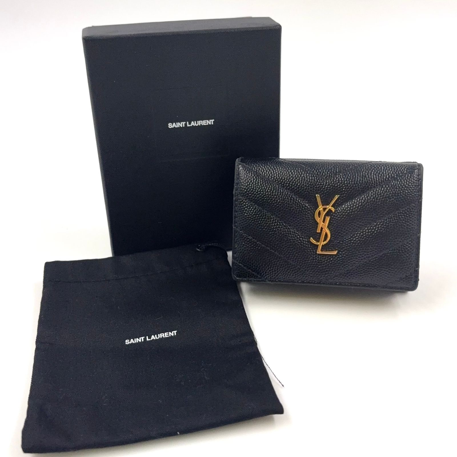 YSL 黒 三つ折り財布 ゴールドロゴ SAINT LAURENT [正規ラッピング済] Saint Laurent サンローラン