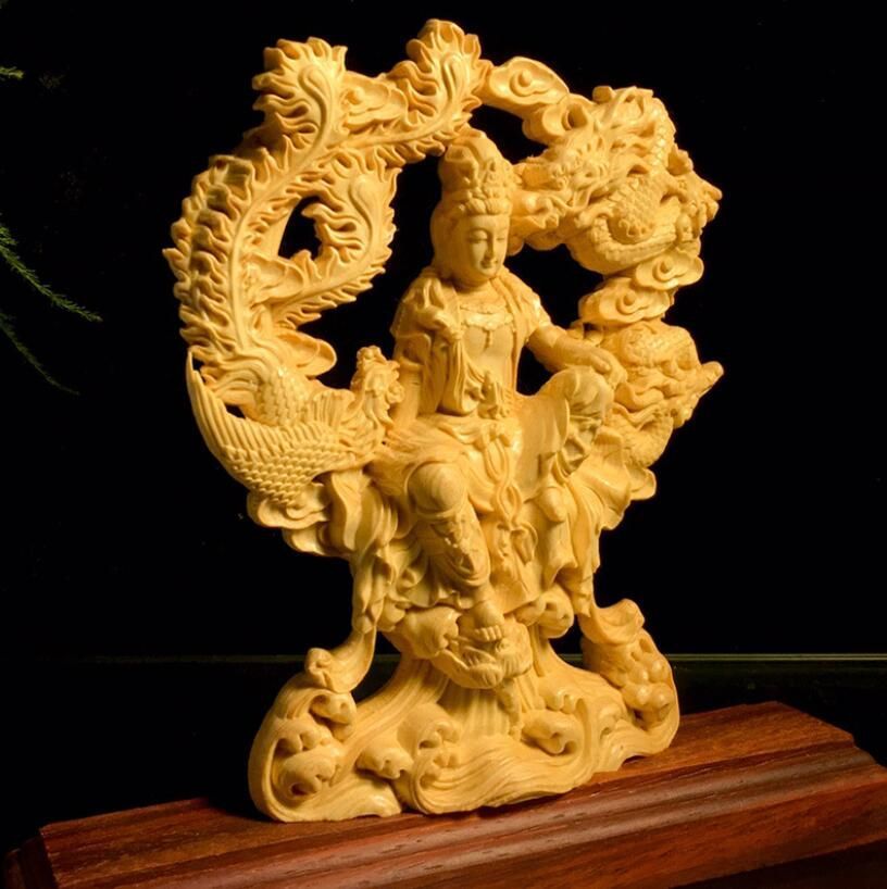 新入荷☆観音菩薩 木彫 縁起物 高品質 細密彫刻 龍鳳呈祥-自在観音