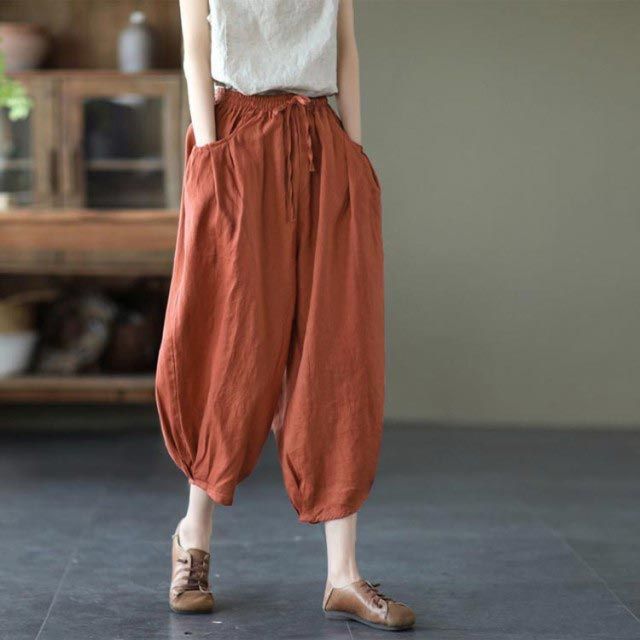 レディース綿麻シンプルパンツ 夏 ゆったり お出かけ普段着 楽チン パンツ レディース サルエルパンツ 変形 個性的 春 夏 秋