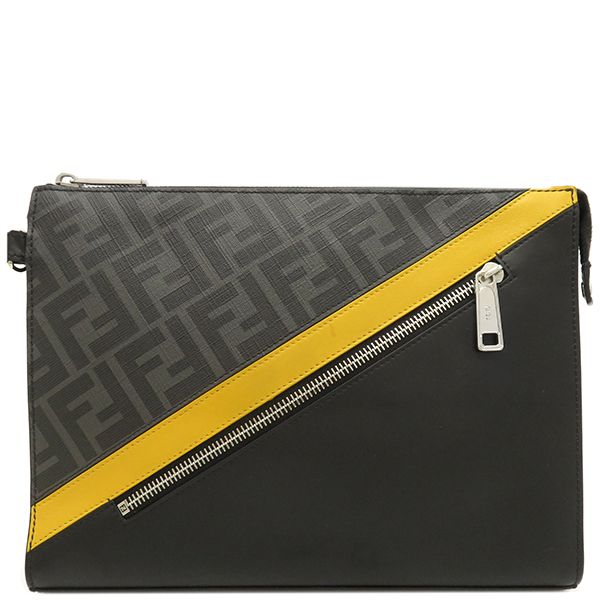 フェンディ FENDI クラッチバッグ ダイアゴナル レザー ブラック×グレー×イエロー シルバー金具 黒 ポーチ セカンドバッグ 7VA491 保存袋